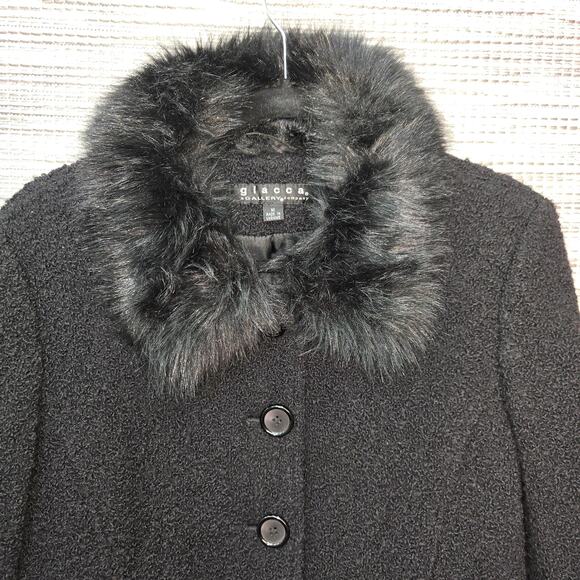 Vintage Giacca Black Pea Coat with Faux Fur Collar M - Picture 11 of 14